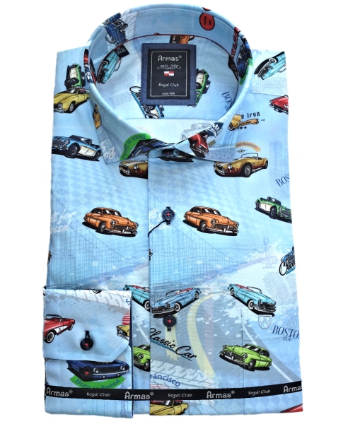 Armas Langarmhemd Comfort Fit hellblau multicolor Print Oldtimer Autos