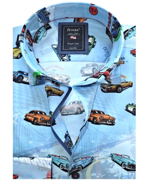 Armas Langarmhemd Comfort Fit hellblau multicolor Print Oldtimer Autos