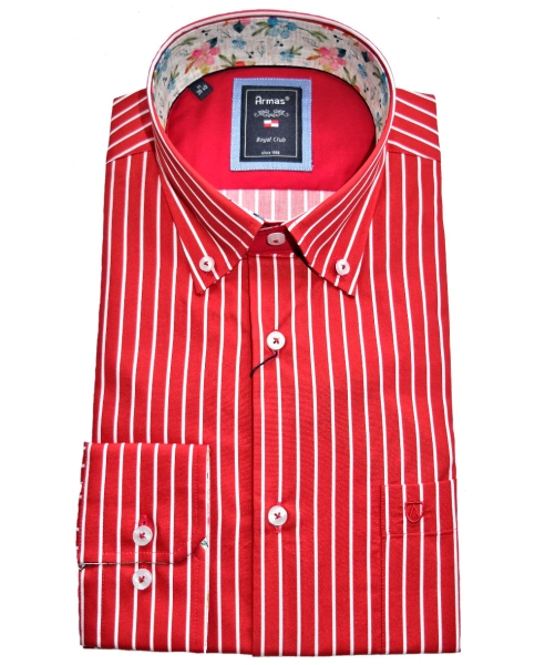 Armas Langarmhemd Comfort Fit rot weiss Streifen Floralpatches