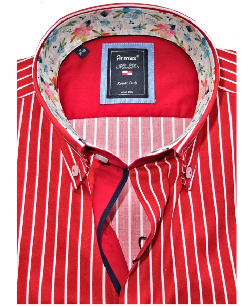 Armas Langarmhemd Comfort Fit rot weiss Streifen Floralpatches