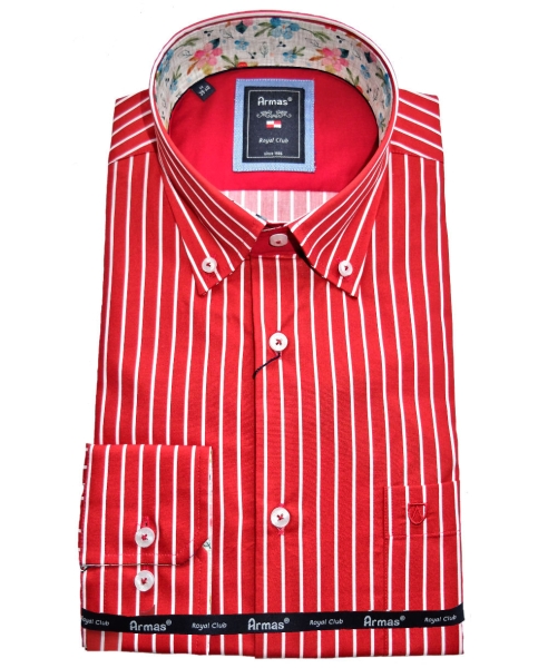 Armas Langarmhemd Comfort Fit rot weiss Streifen Floralpatches